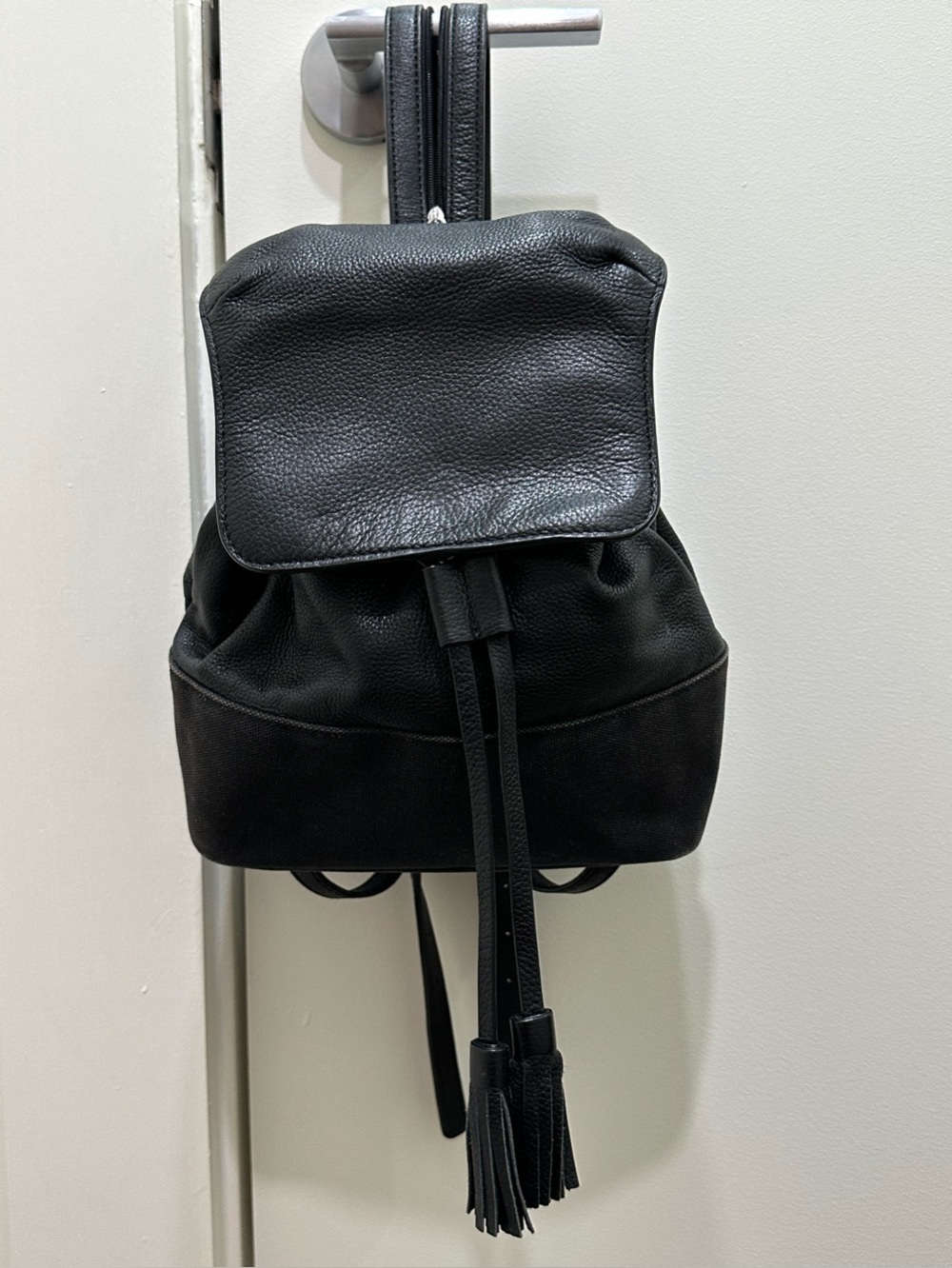 Rebecca Minkoff Isobel Mini Backpack Black Leather Canvas Mixed Media Tassels